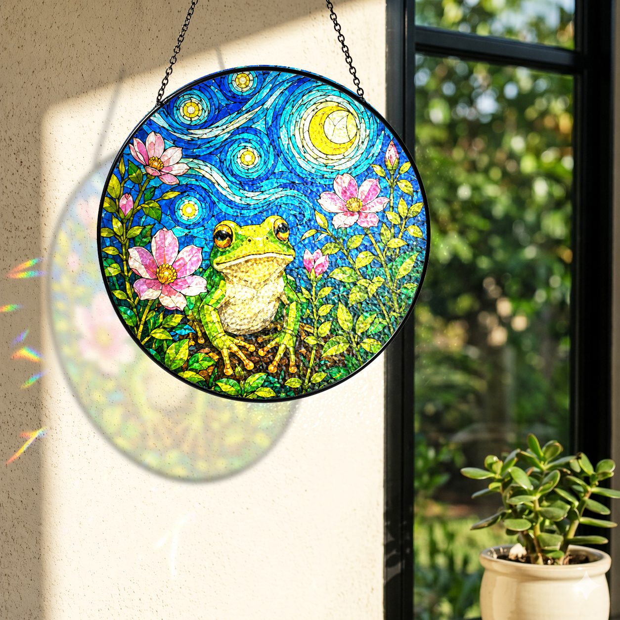 Rainbow light cast by the frog blossom stained glass suncatcher
