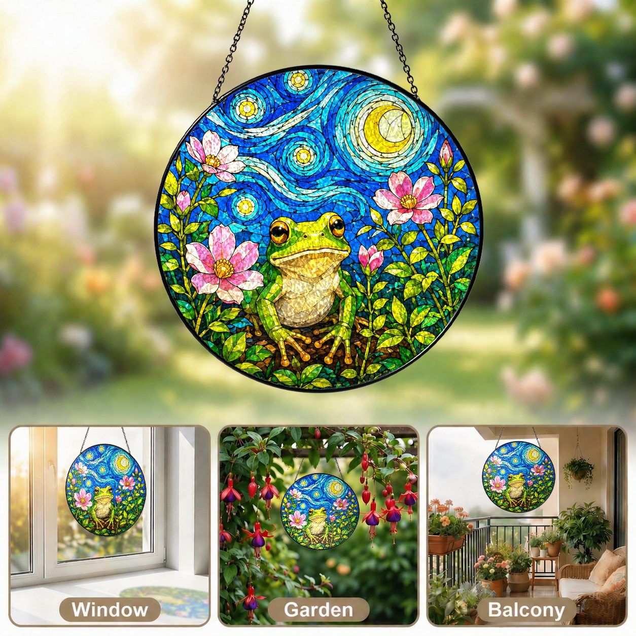 Frog blossom suncatcher in window garden and balcony settings