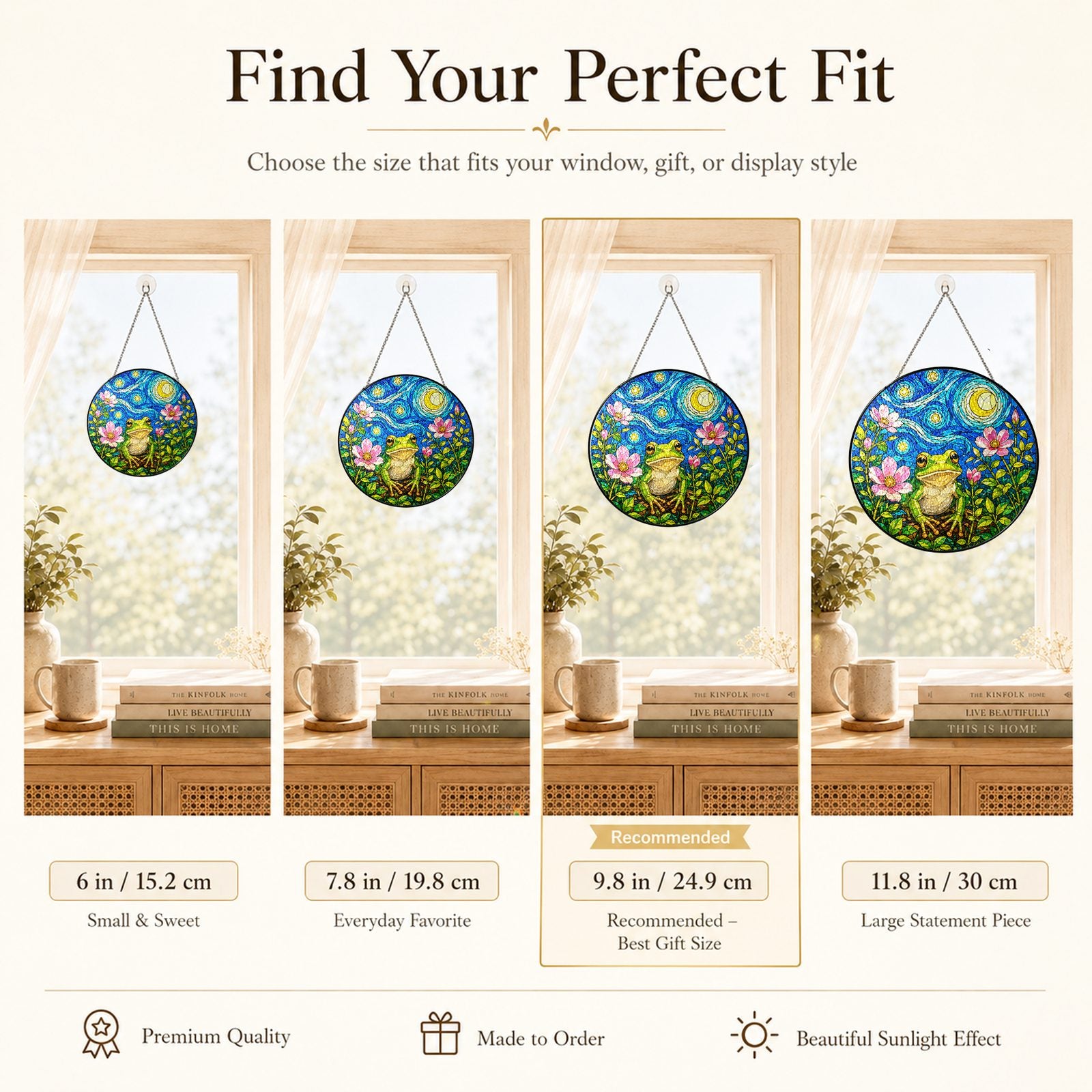Size guide for the frog blossom stained glass suncatcher