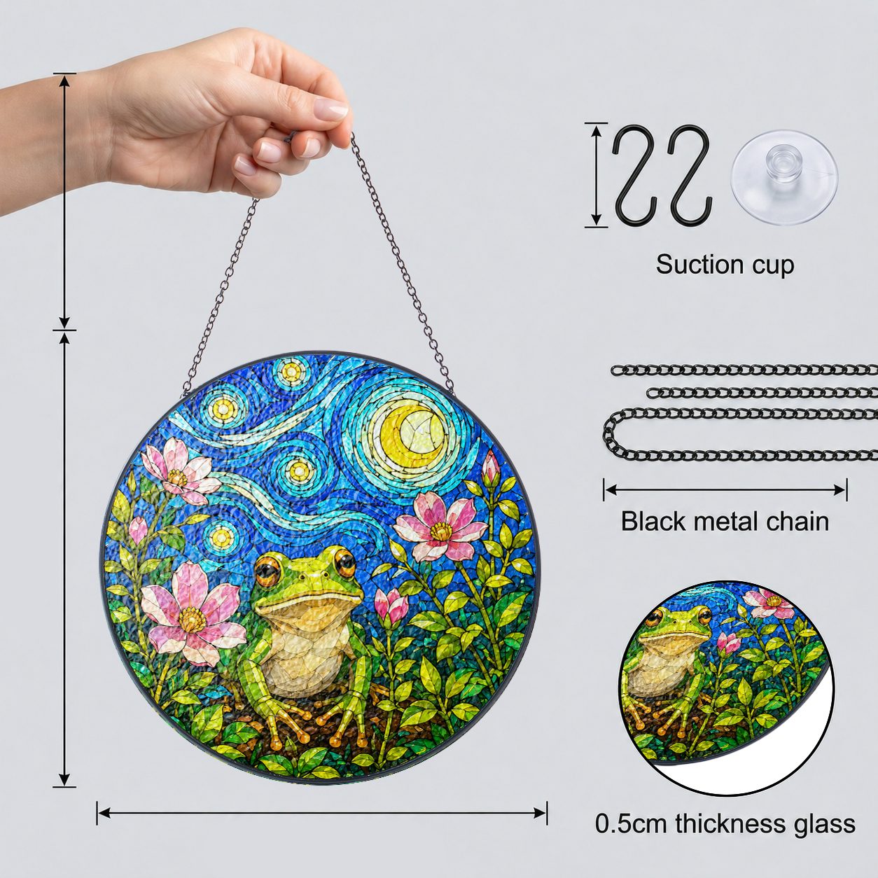 Suncatcher dimensions with chain suction cup and 0.5 cm glass