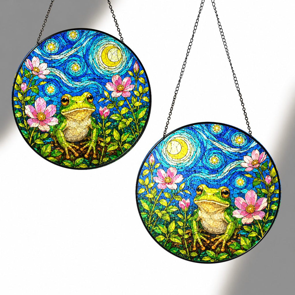 Two sizes of the frog blossom suncatcher side by side