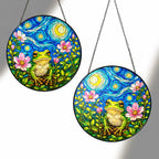 Two sizes of the frog blossom suncatcher side by side