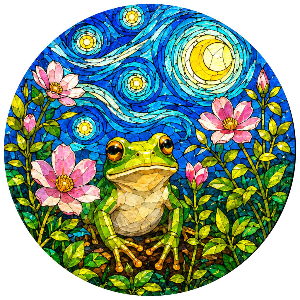 Full artwork of a green frog among pink blossoms under a starry sky