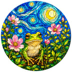Full artwork of a green frog among pink blossoms under a starry sky