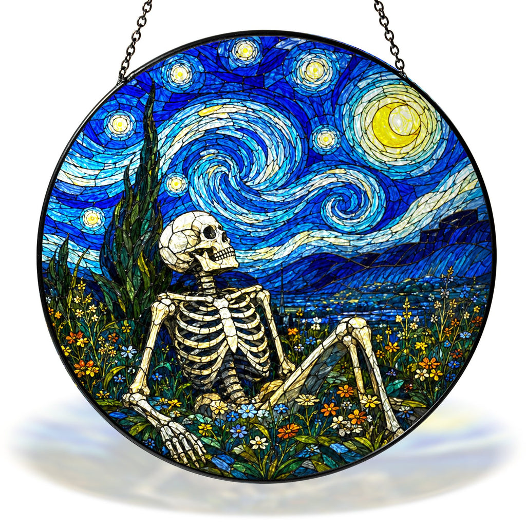 Starry Night resting skeleton in a flower field stained glass suncatcher with chain