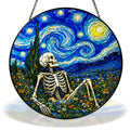 Starry Night resting skeleton in a flower field stained glass suncatcher with chain