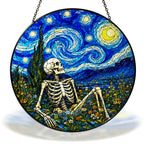 Starry Night resting skeleton in a flower field stained glass suncatcher with chain