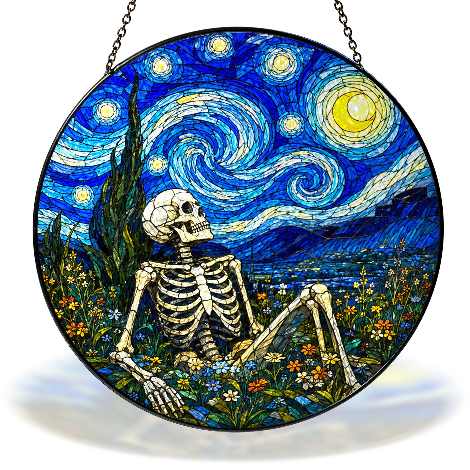 Starry Night resting skeleton in a flower field stained glass suncatcher with chain