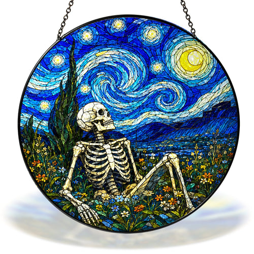 Starry Night resting skeleton in a flower field stained glass suncatcher with chain