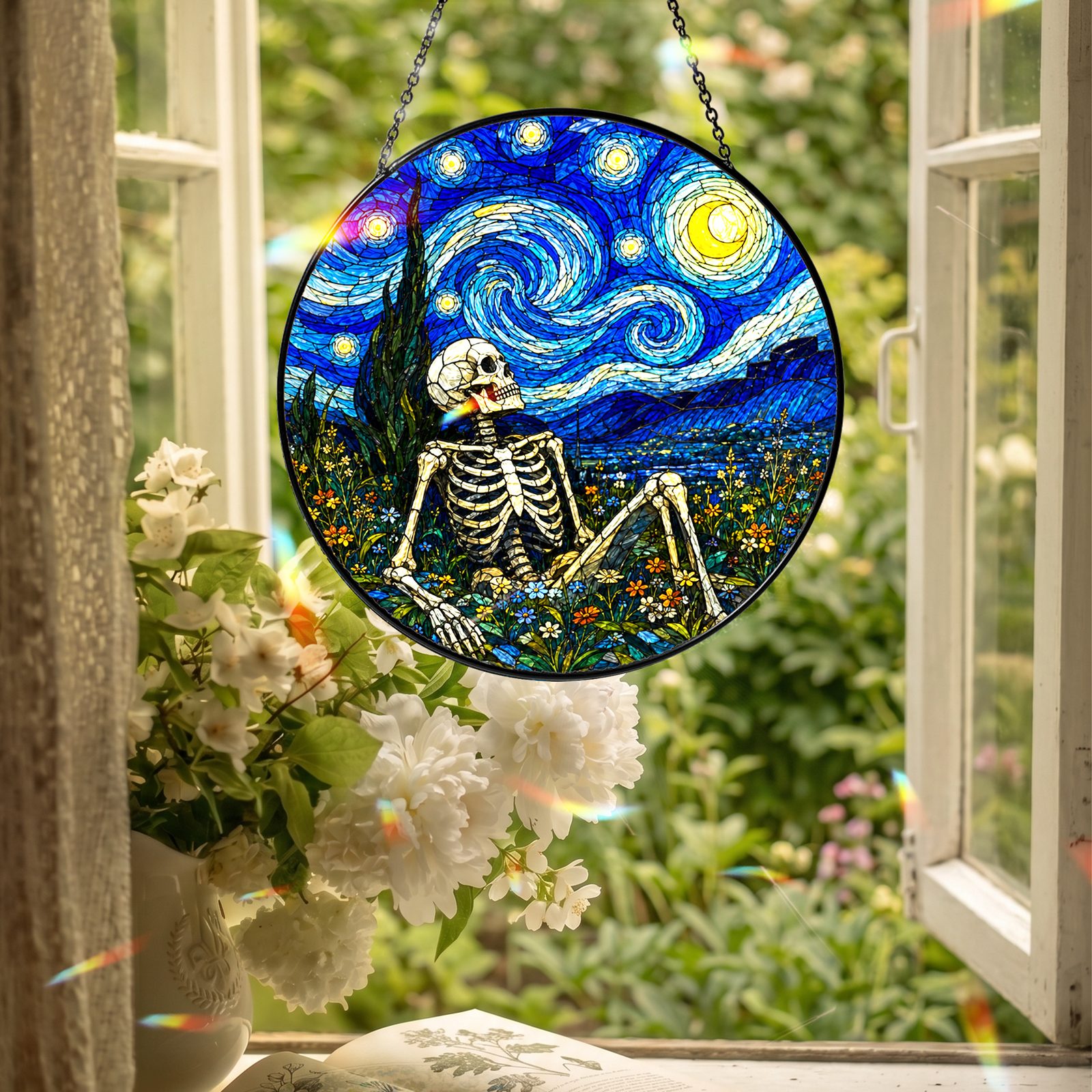 Skeleton suncatcher hanging in an open window