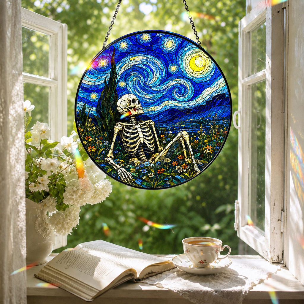 Skeleton suncatcher in a reading nook window