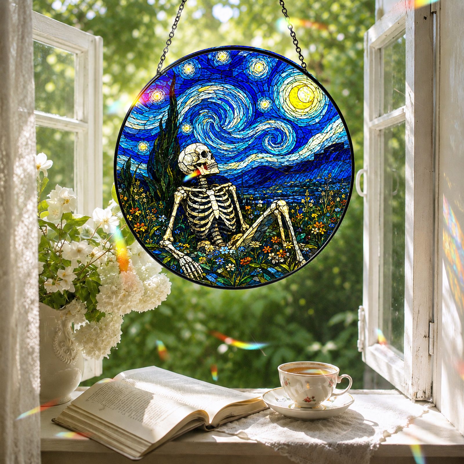 Skeleton suncatcher in a reading nook window