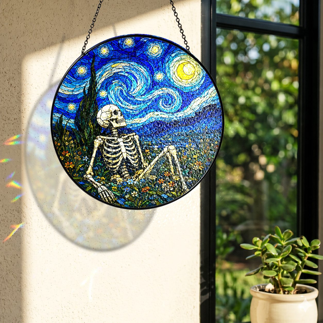 Rainbow light cast by the skeleton stained glass suncatcher