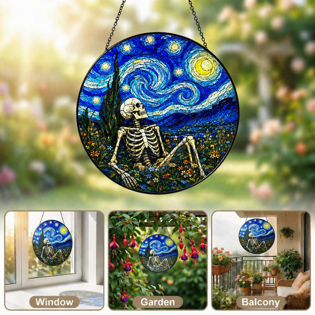 Skeleton suncatcher in window garden and balcony settings
