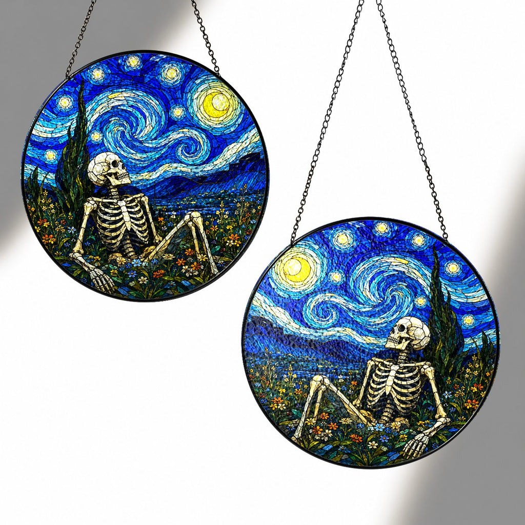 Two sizes of the skeleton suncatcher side by side