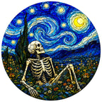 Full artwork of a skeleton resting in a flower field under a starry sky