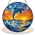 Starry Night leaping dolphin at sunset stained glass suncatcher with chain