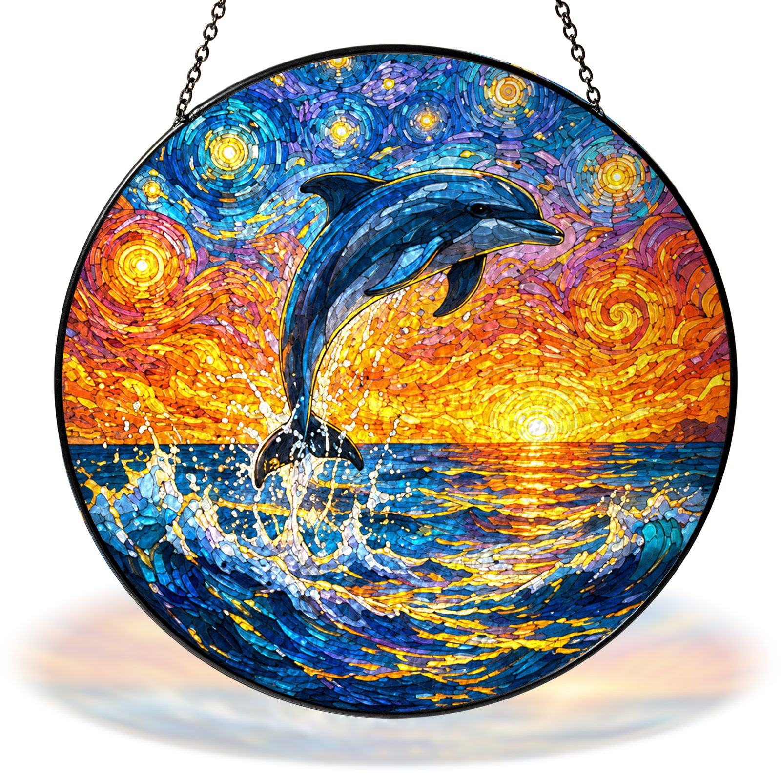 Starry Night leaping dolphin at sunset stained glass suncatcher with chain