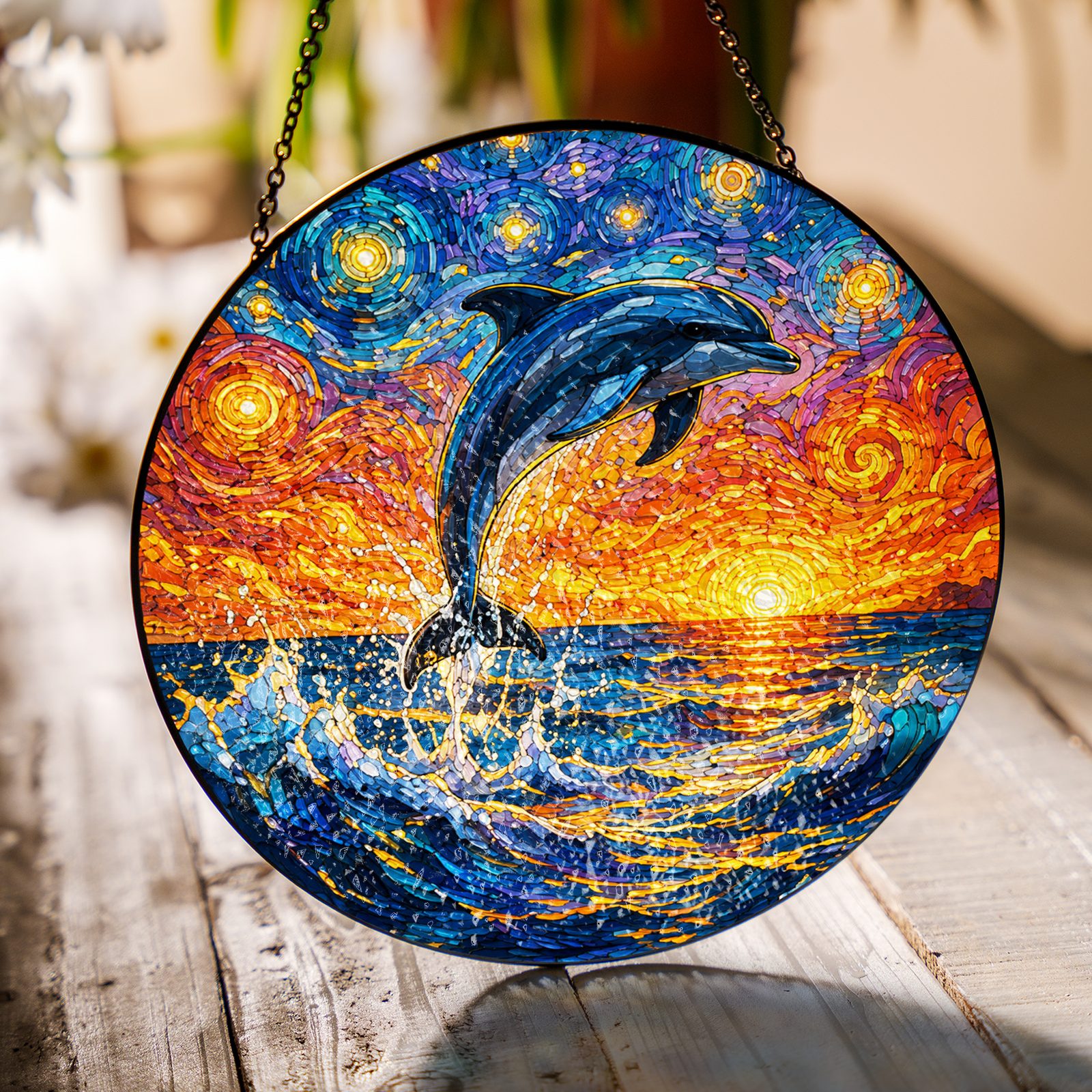 Dolphin sunset suncatcher on a wooden table in sunlight