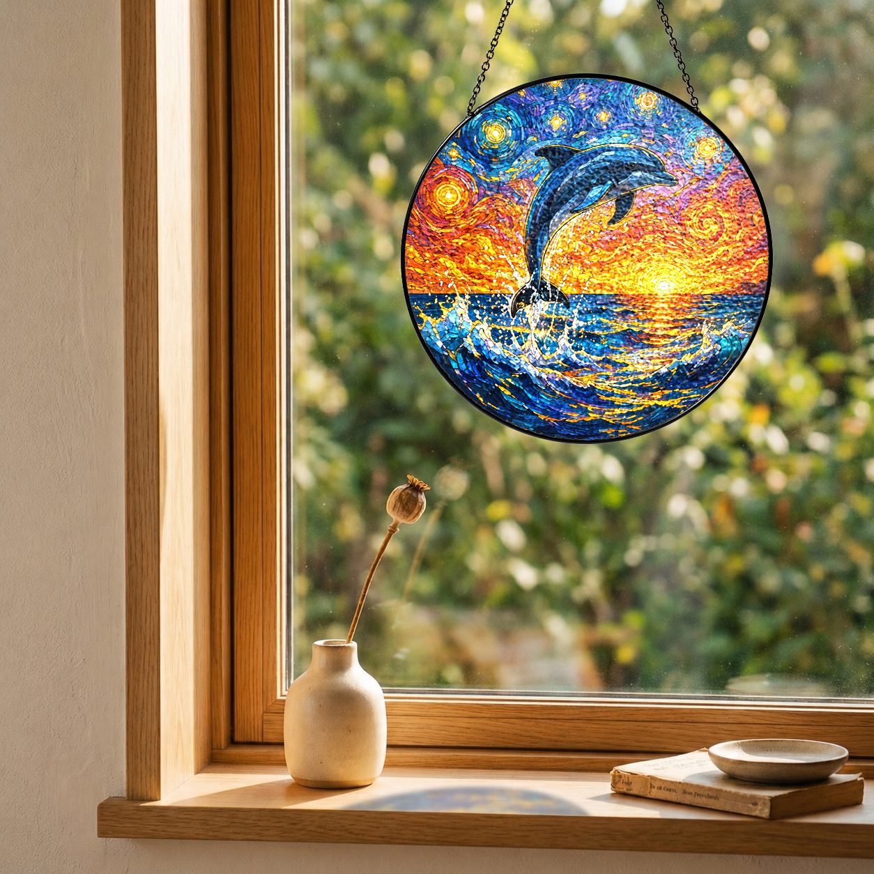 Dolphin suncatcher on a windowsill