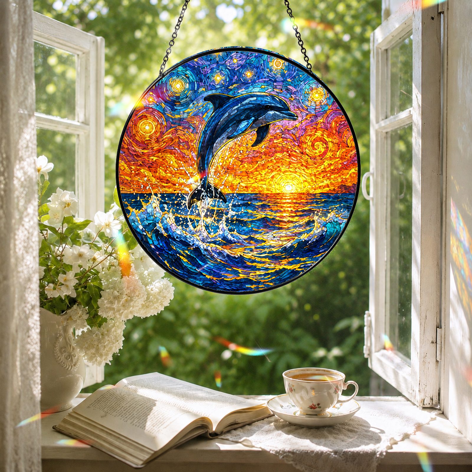 Dolphin suncatcher in a reading nook window