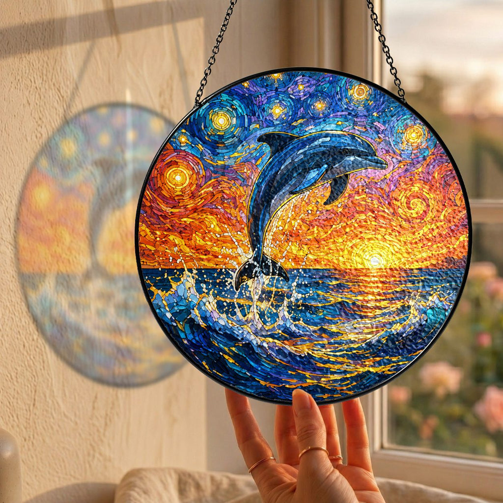 Hand holding the dolphin suncatcher at a window