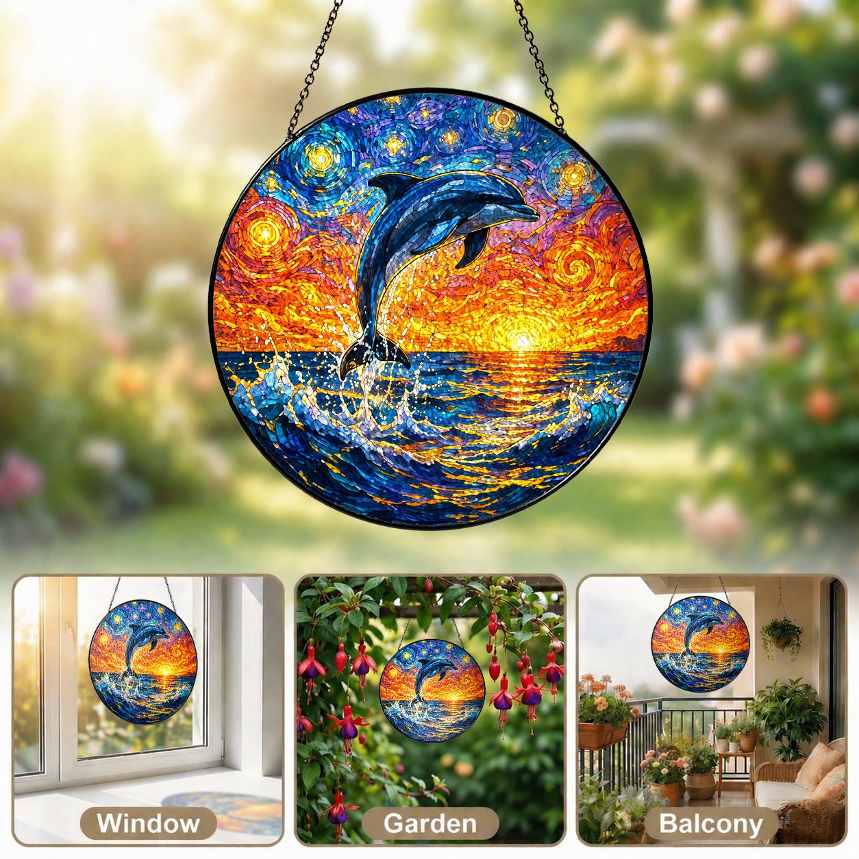 Dolphin suncatcher in window garden and balcony settings