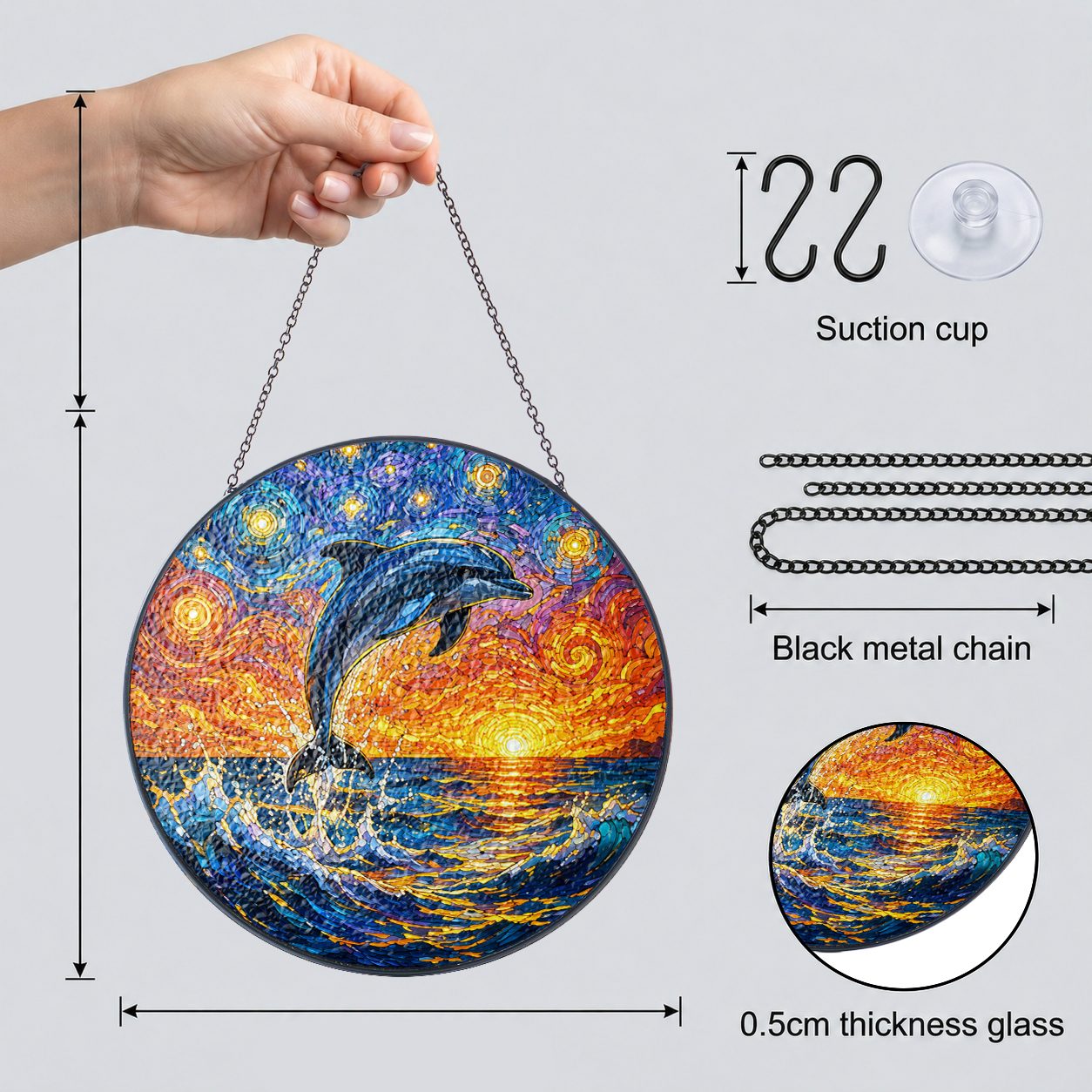 Suncatcher dimensions with chain suction cup and 0.5 cm glass
