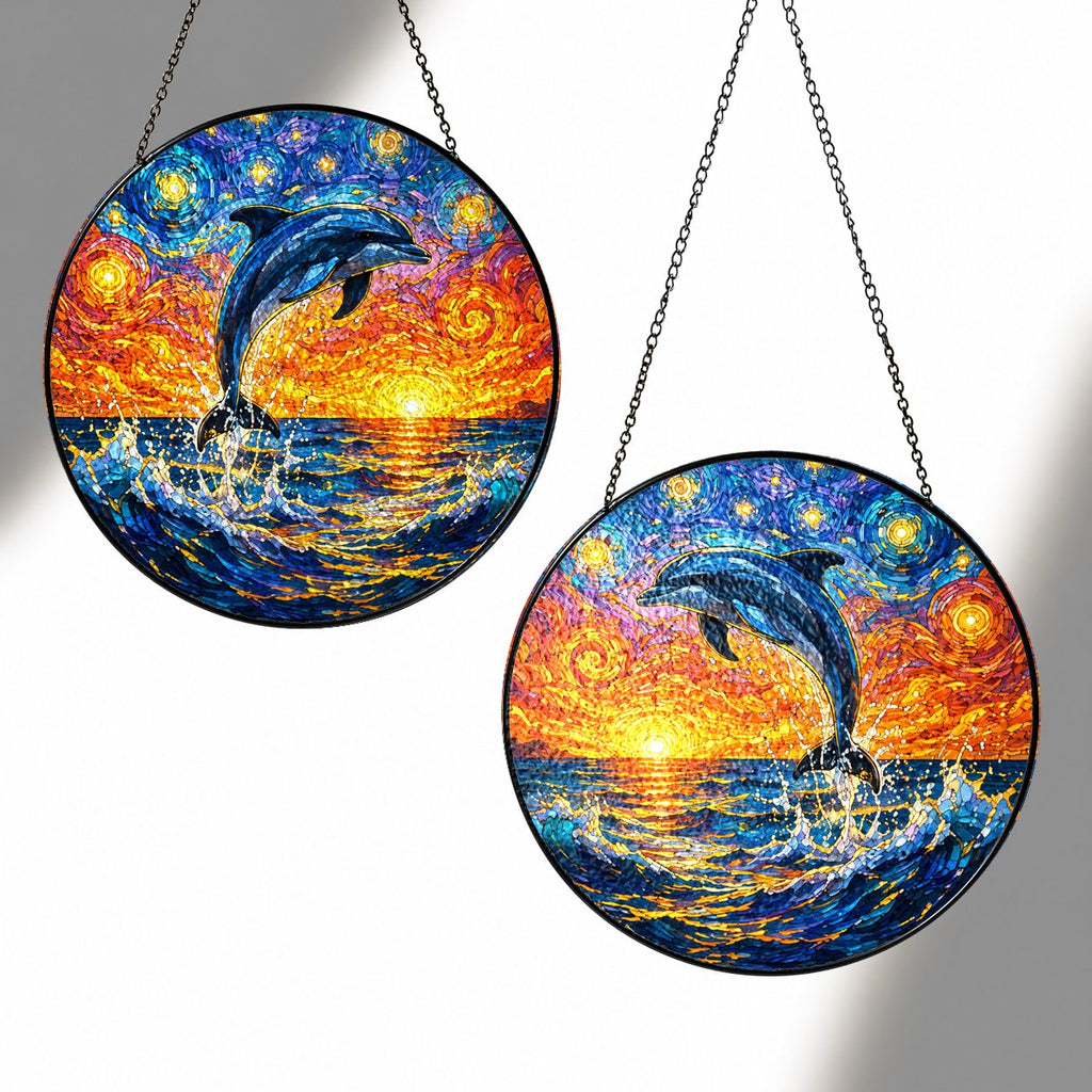 Two sizes of the dolphin suncatcher side by side