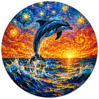 Full artwork of a leaping dolphin at sunset under a starry sky