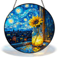 Starry Night sunflower in a mason jar stained glass suncatcher with chain