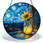 Starry Night sunflower in a mason jar stained glass suncatcher with chain