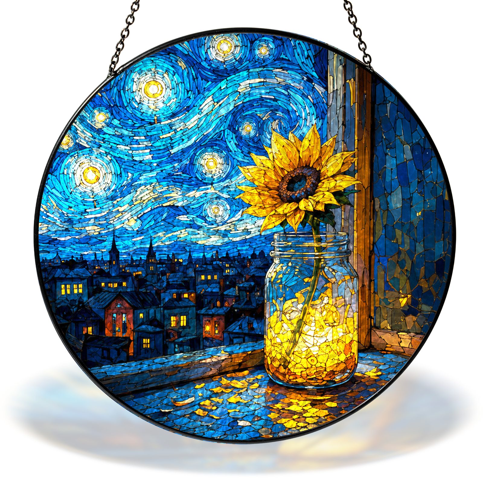 Starry Night sunflower in a mason jar stained glass suncatcher with chain