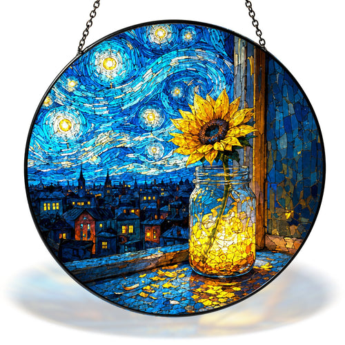 Starry Night sunflower in a mason jar stained glass suncatcher with chain