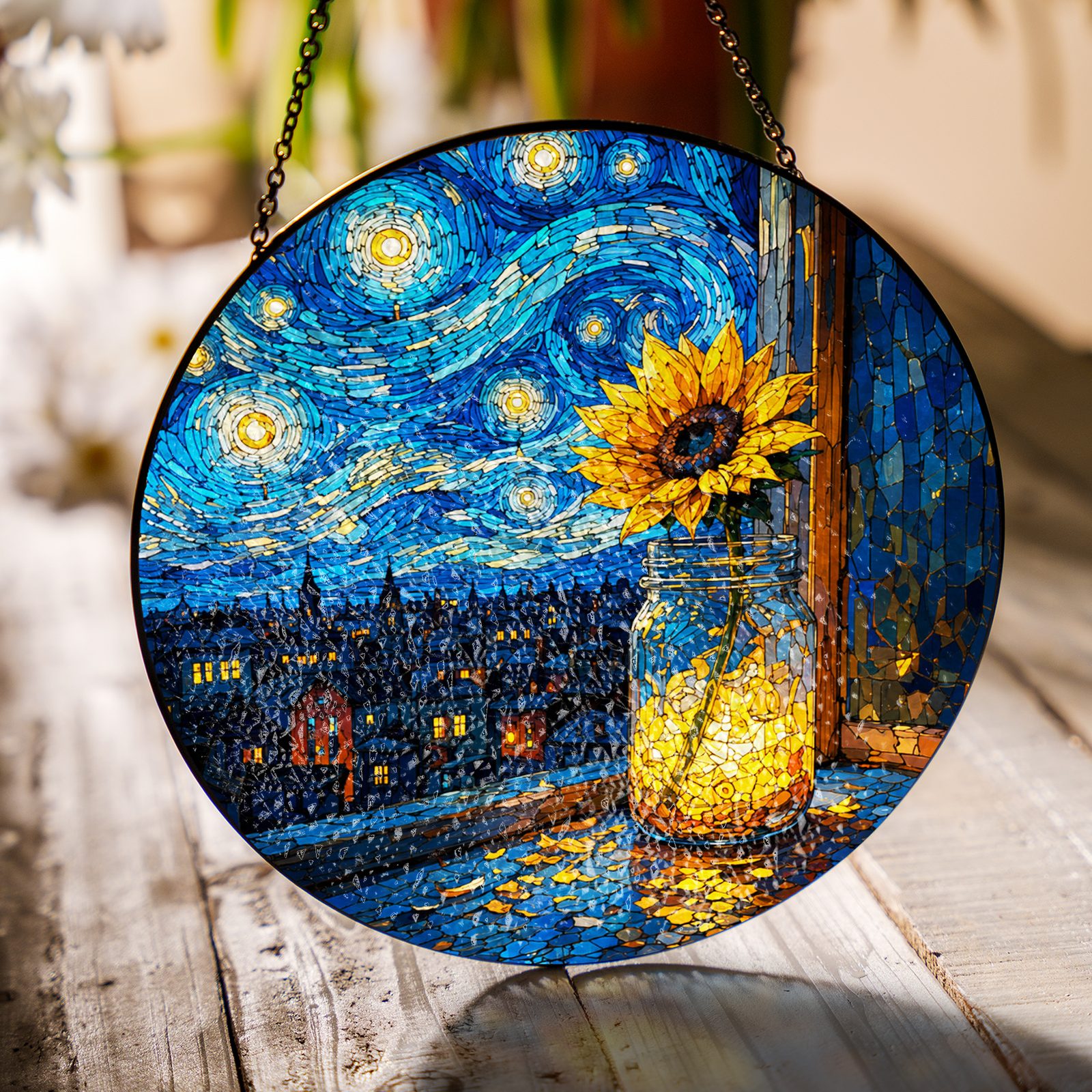 Sunflower mason jar suncatcher on a wooden table in sunlight