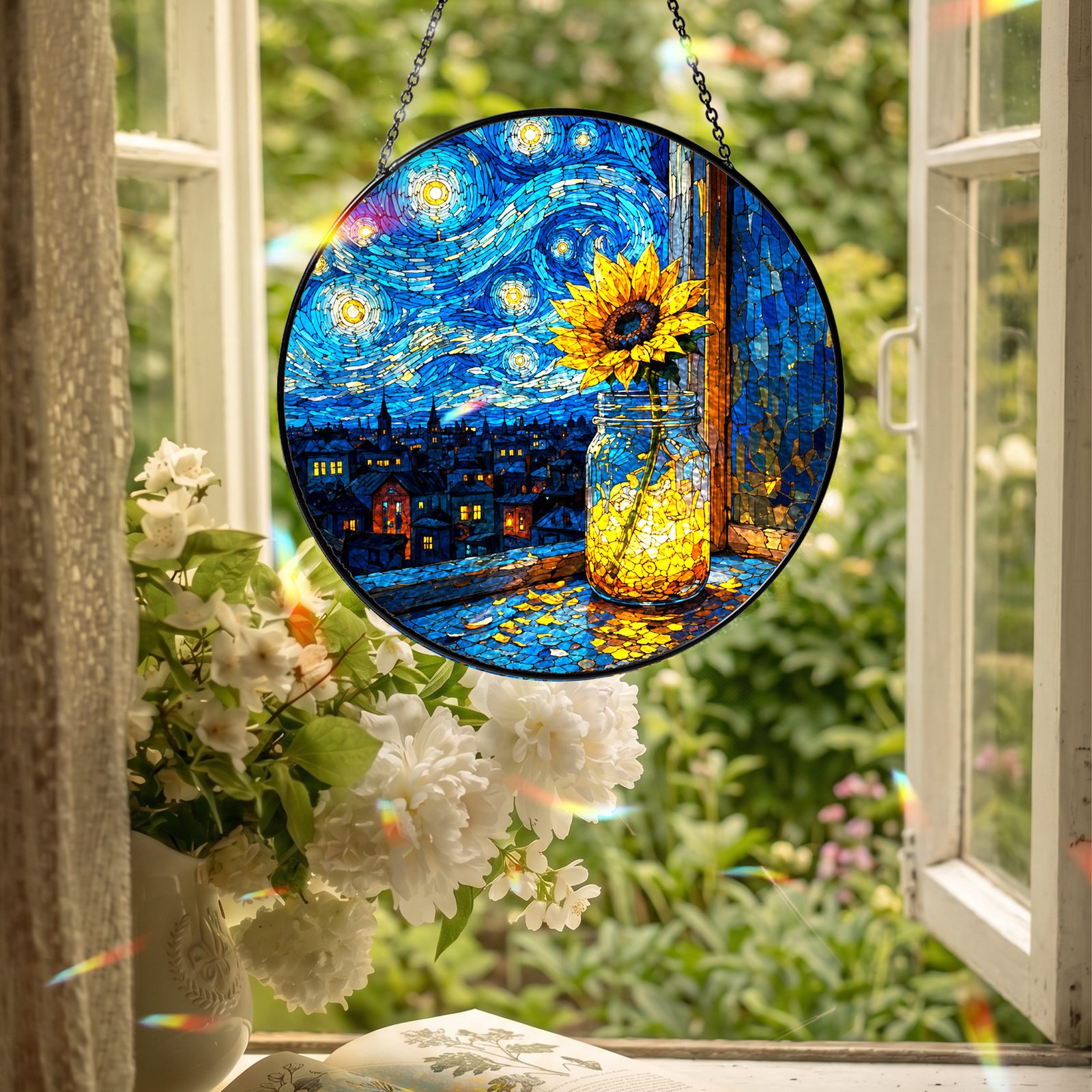 Sunflower mason jar suncatcher hanging in an open window