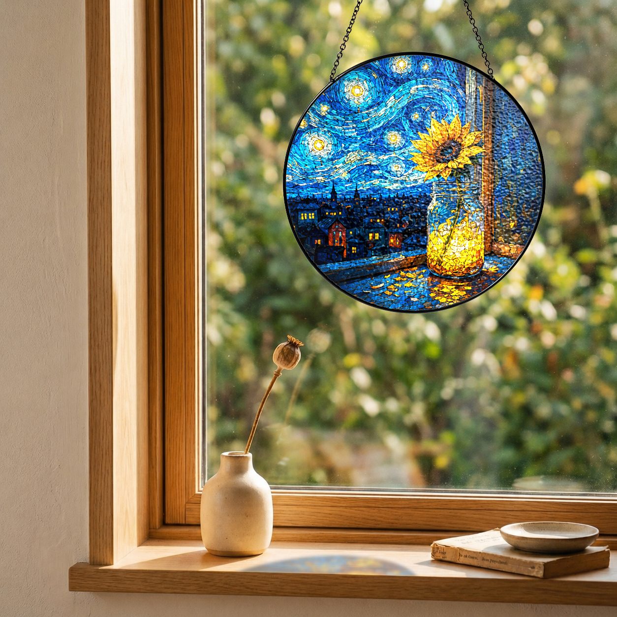 Sunflower mason jar suncatcher on a windowsill