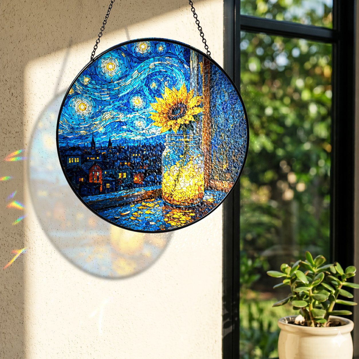 Rainbow light cast by the sunflower mason jar stained glass suncatcher