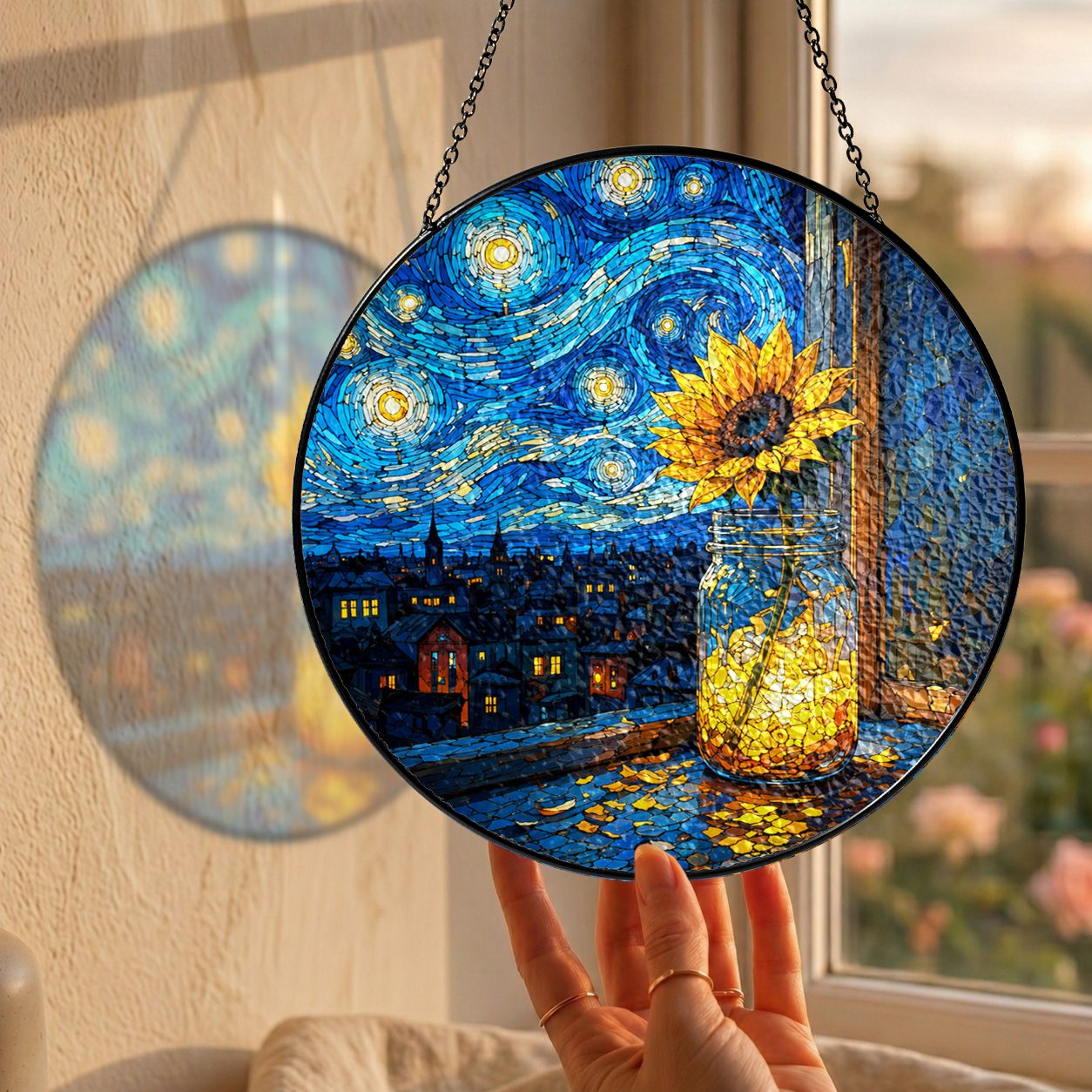 Hand holding the sunflower mason jar suncatcher at a window