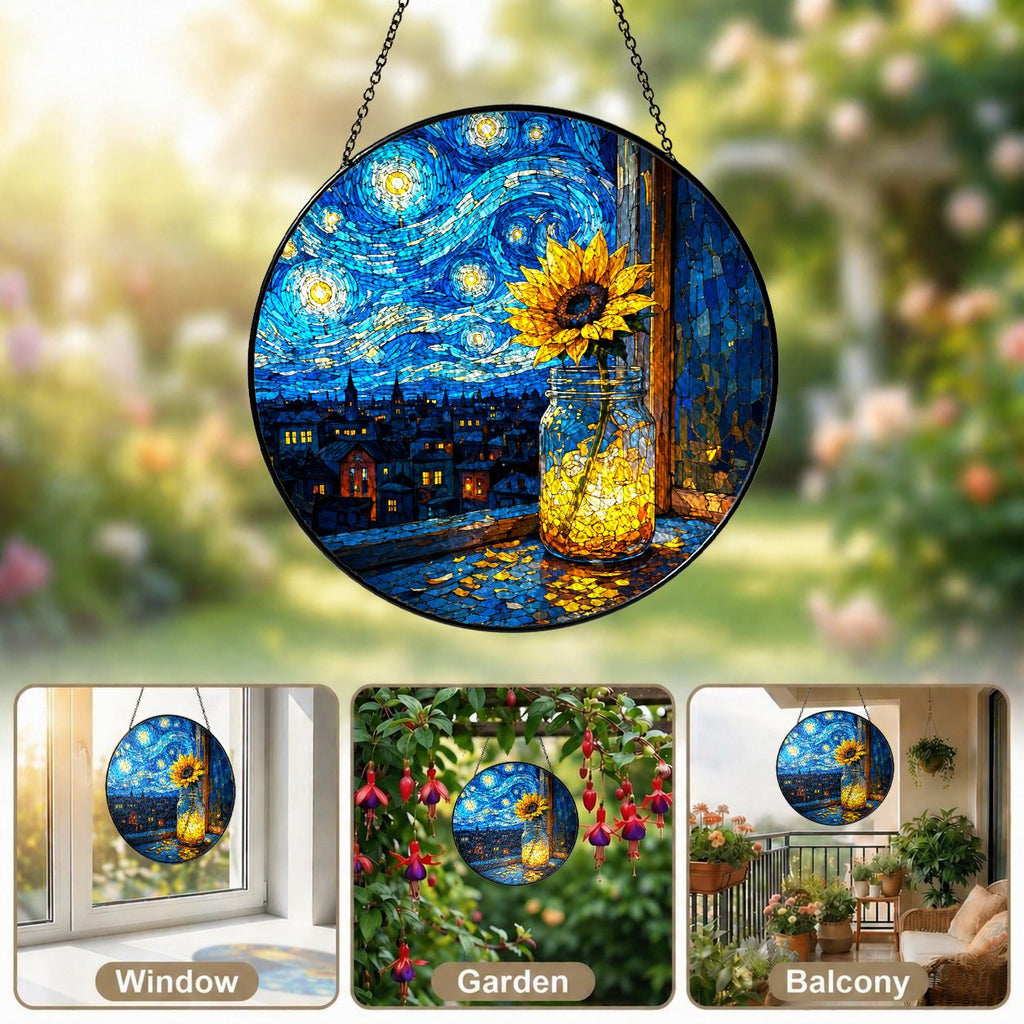 Sunflower mason jar suncatcher in window garden and balcony settings