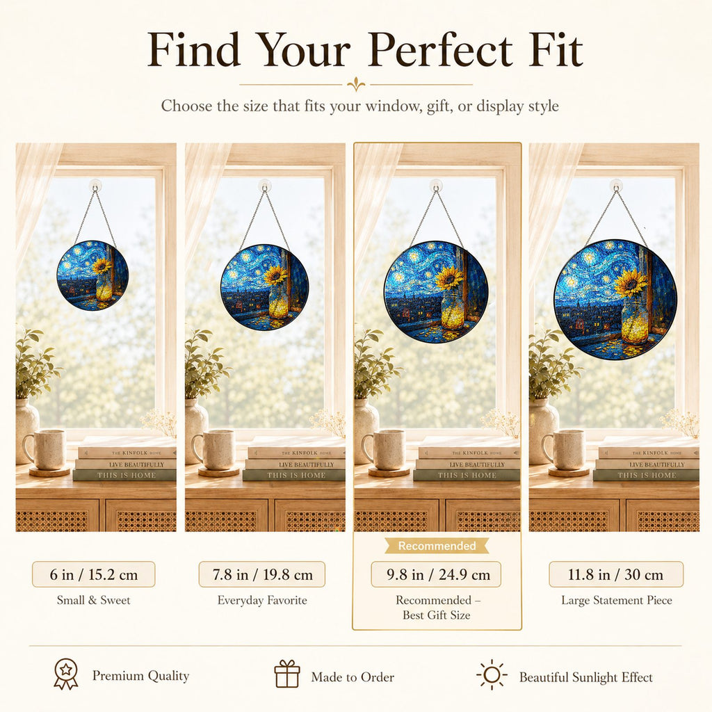 Size guide for the sunflower mason jar stained glass suncatcher