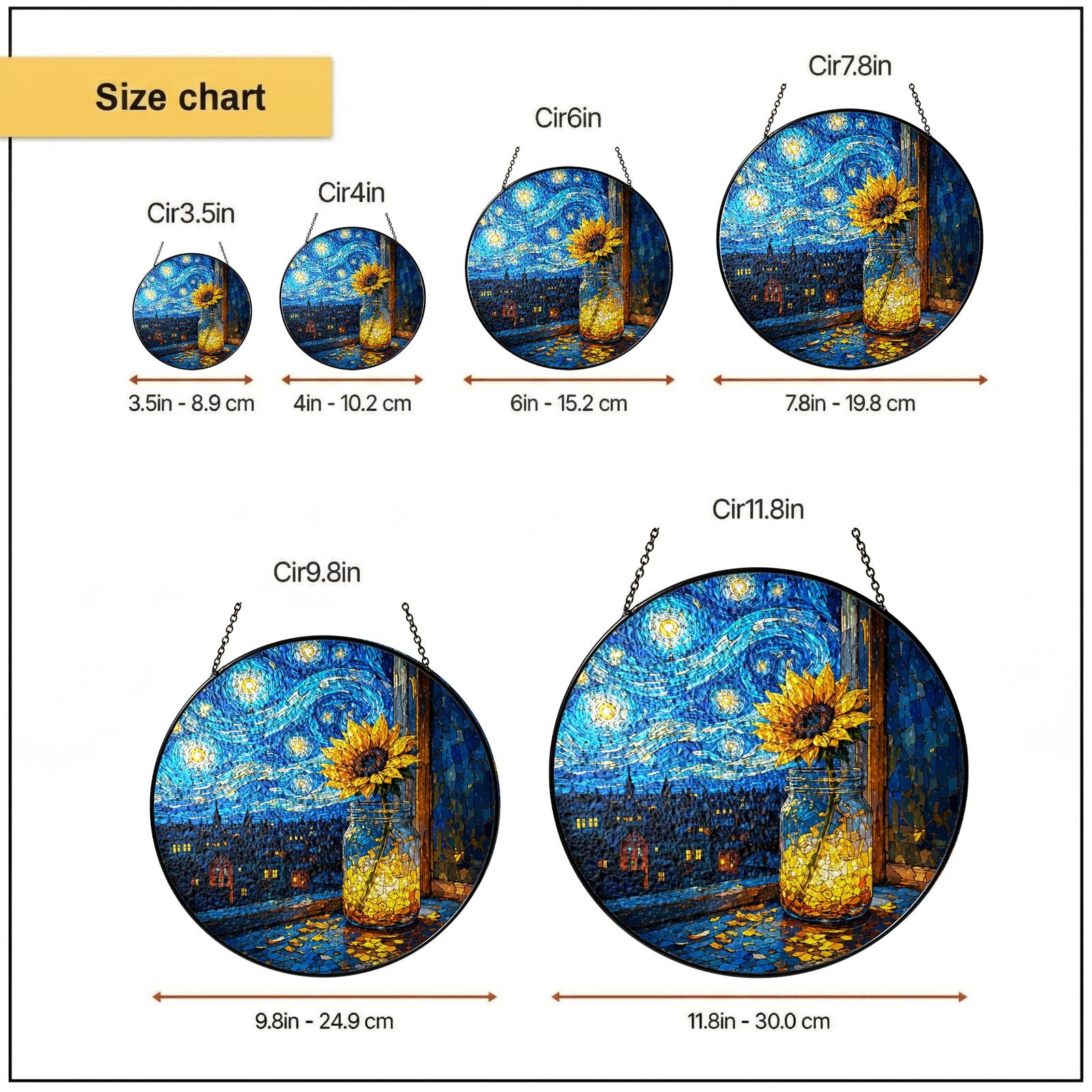 Size chart 6 in 7.8 in 9.8 in 11.8 in suncatcher