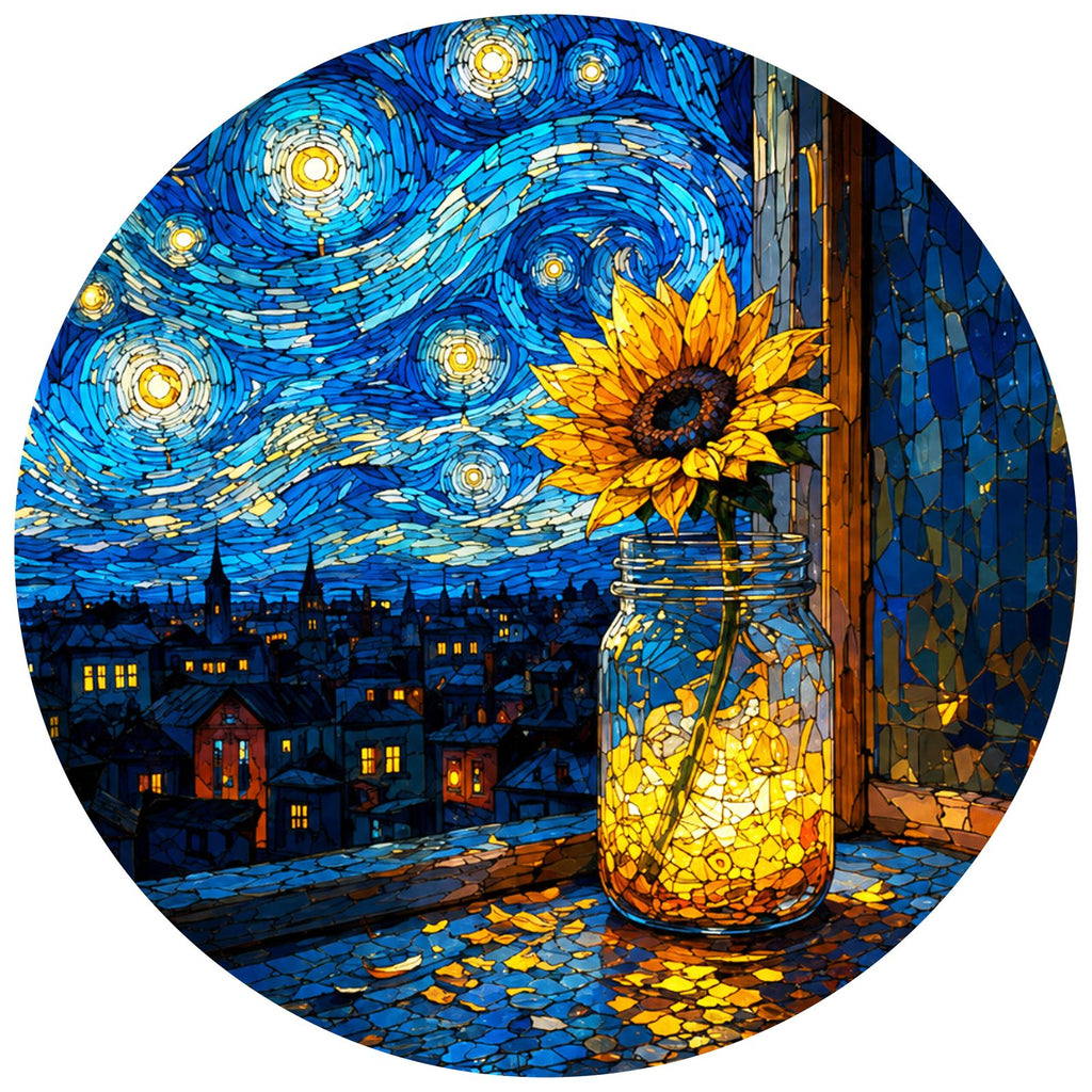 Full artwork of a sunflower in a mason jar under a starry sky