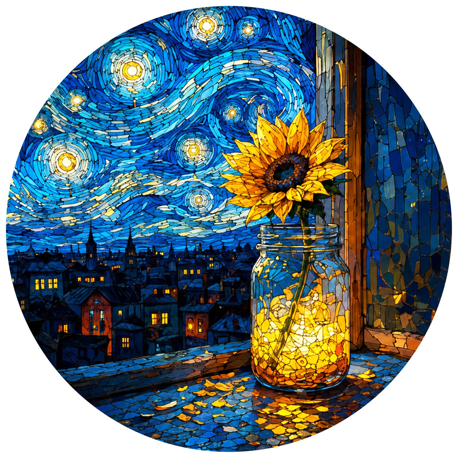 Full artwork of a sunflower in a mason jar under a starry sky