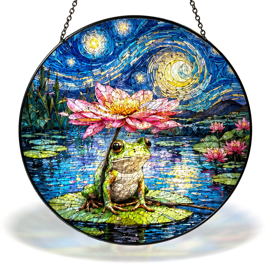 Starry Night frog with a lotus umbrella stained glass suncatcher with chain
