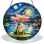 Starry Night frog with a lotus umbrella stained glass suncatcher with chain