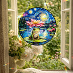 Frog lotus suncatcher hanging in an open window