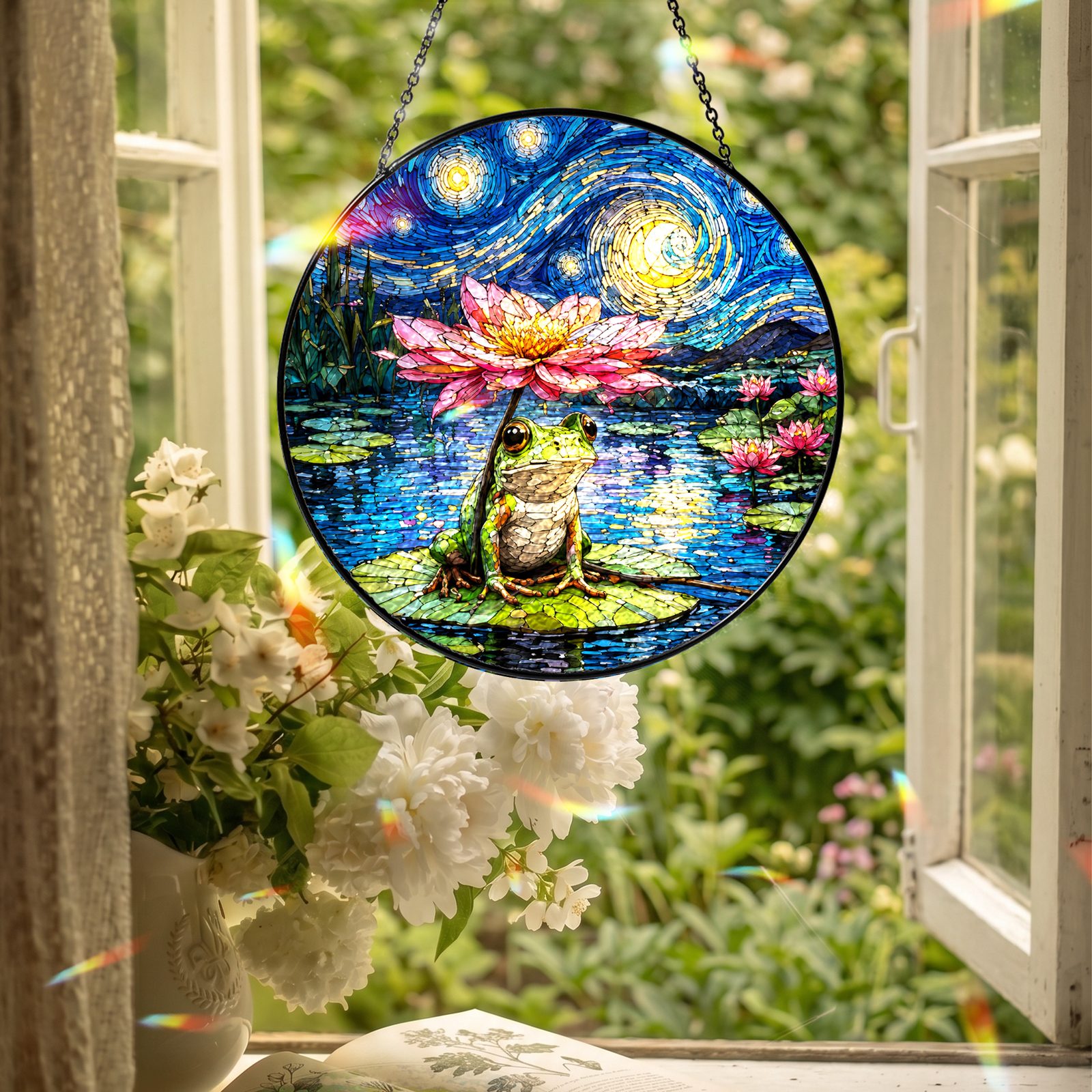 Frog lotus suncatcher hanging in an open window