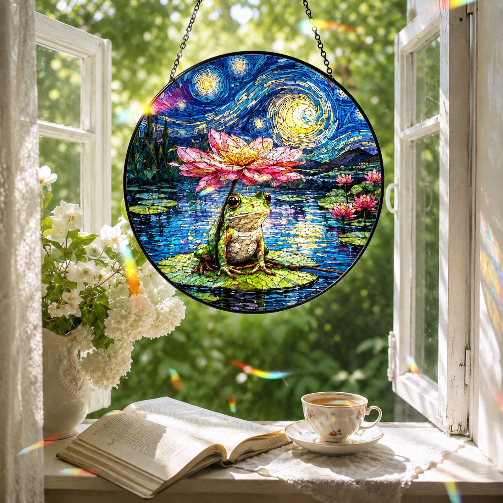 Frog lotus suncatcher in a reading nook window