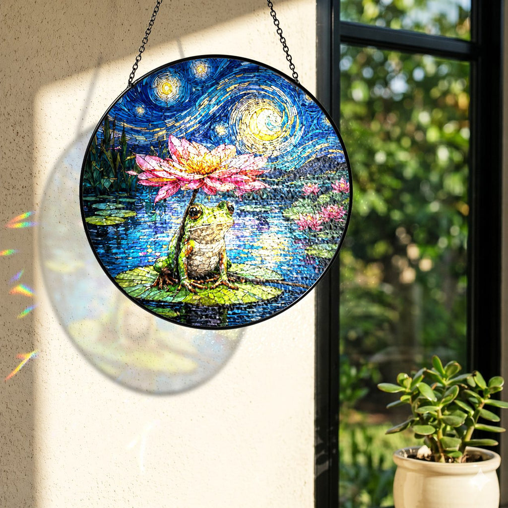 Rainbow light cast by the frog lotus stained glass suncatcher